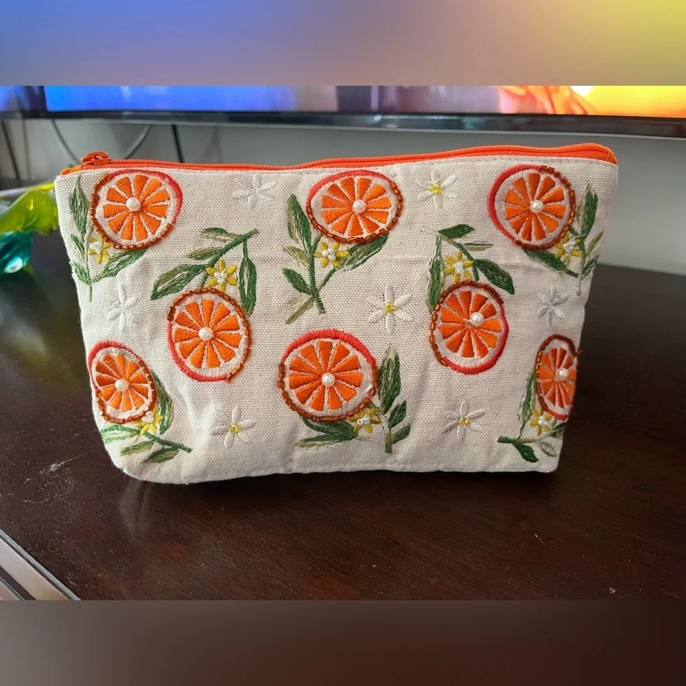 Antik Kraft Citrus orange slices Embroidered Pouch cosmetic bag